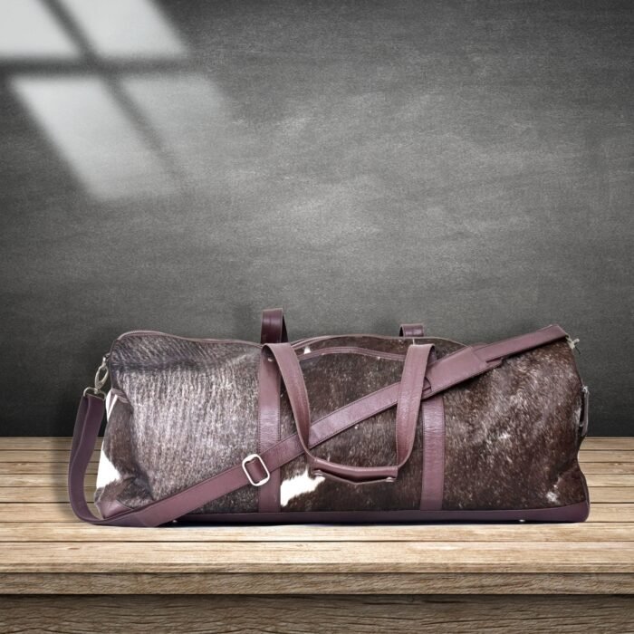 Experience luxury travel with our Real hair on Leather Duffel Bag. Perfect for weekends or gym sessions, this spacious Brown Weekender Bag offers both style and durability. - Image 3