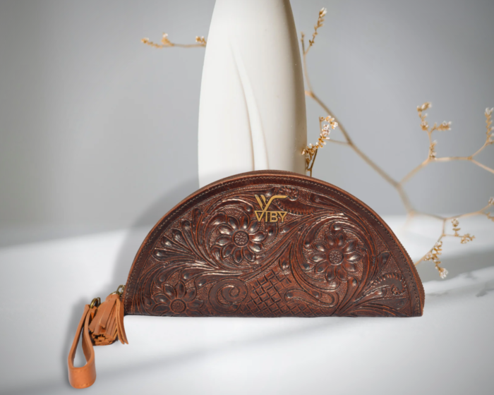 12 Tooled leather halfmoon wristlet, Vintage style leather, Boho style wristlet, Modern Western wear, Anniversary gift, Mother's day gift - Image 1