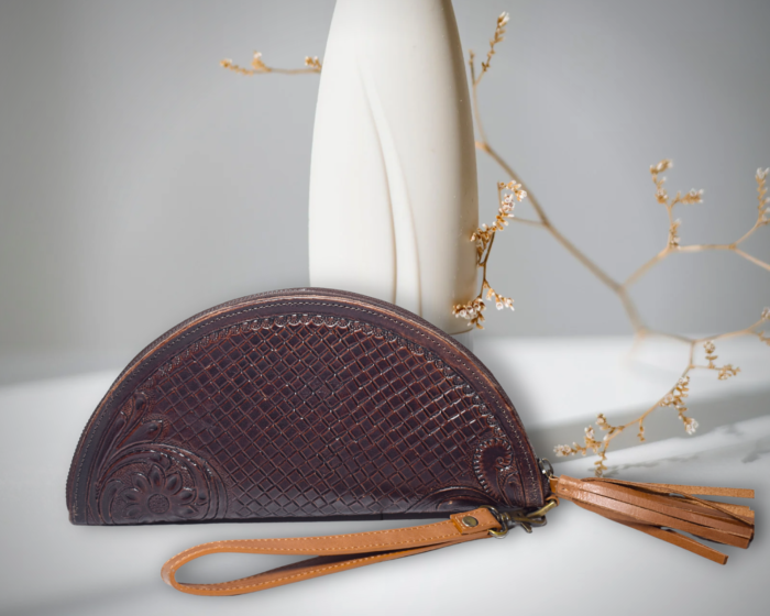 Tooled leather halfmoon wristlet, Vintage style leather, Boho style wristlet, Modern Western wear, Anniversary gift, Mother's day gift - Image 5