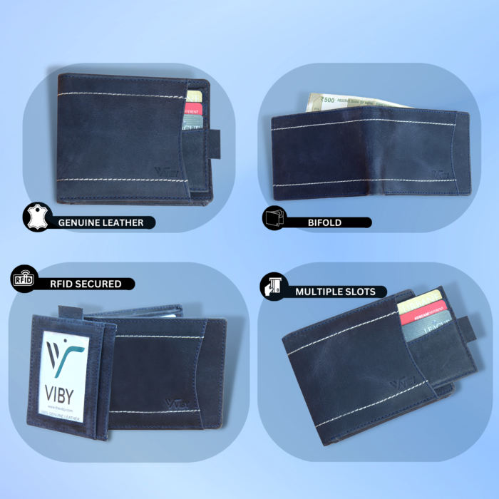 Viby Genuine Leather Wallet for Men with RFID Blocking (Blue) - Image 3