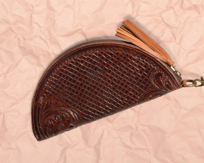 Tooled leather halfmoon wristlet, Vintage style leather, Boho style wristlet, Modern Western wear, Anniversary gift, Mother's day gift - Image 2