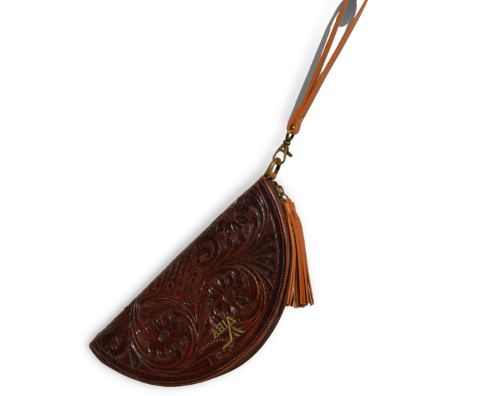 Tooled leather halfmoon wristlet, Vintage style leather, Boho style wristlet, Modern Western wear, Anniversary gift, Mother's day gift - Image 3
